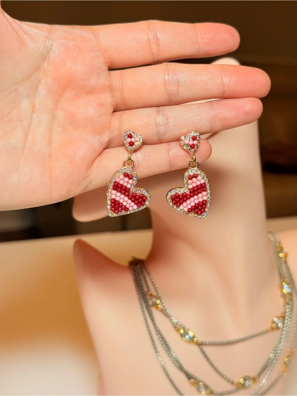 Gold-Tone Red Beaded Heart Drop Earrings